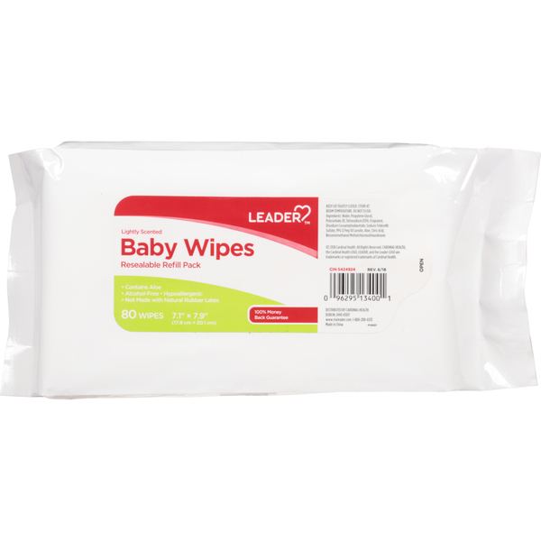Image for Leader Baby Wipes, Lightly Scented, Resealable, Refill Pack, 80ea from QRC HEALTHMART PHARMACY
